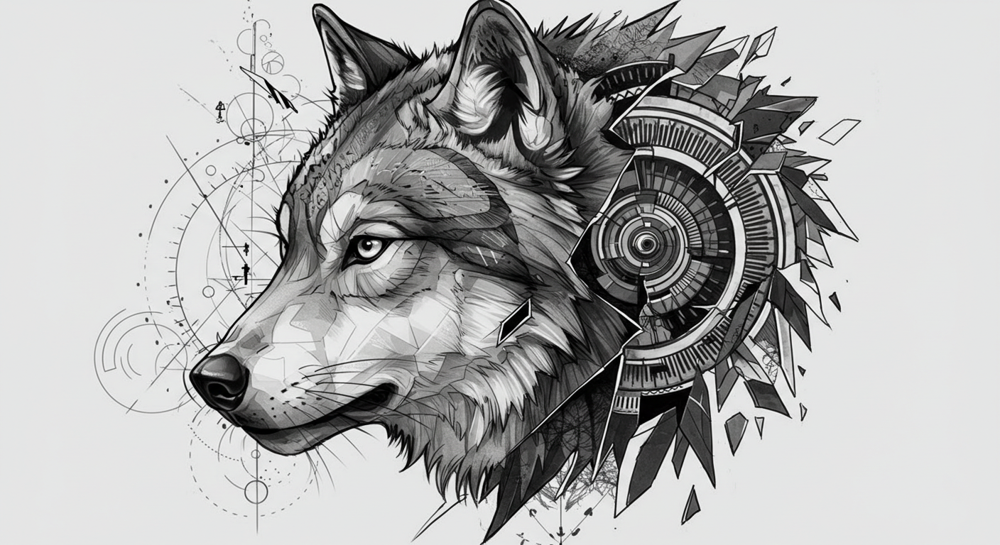 Design Tattoo, black and white A fragmented wolf face, where sections are replaced with geometric shapes or abstract patterns for a futuristic design (2)