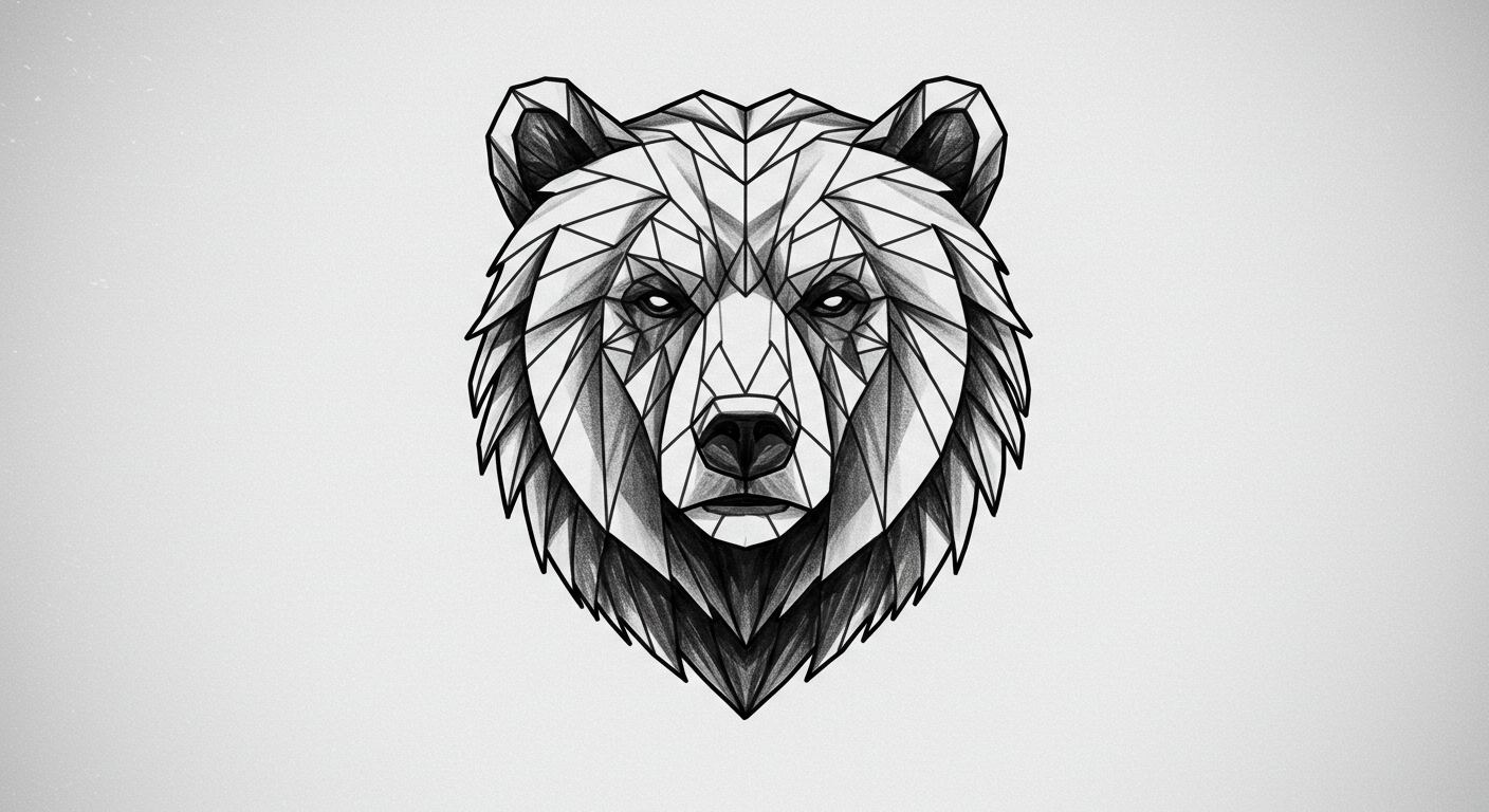 Design Tattoo, black and white A geometric bear head composed of sharp lines and triangular shapes, offering a minimalist and modern aesthetic (3)