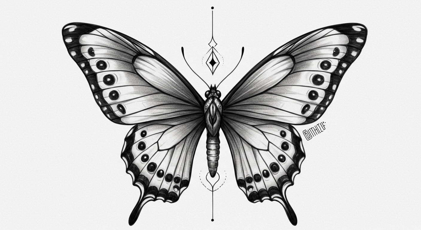 Design Tattoo, black and white A highly detailed, realistic butterfly with intricate wing patterns, delicate textures, and subtle shading, symbolizing transformation and beauty (3)