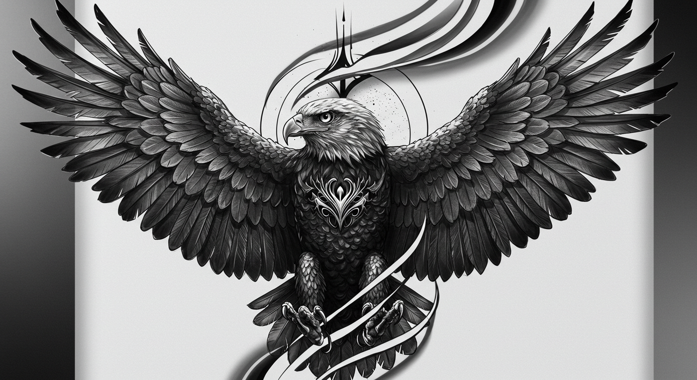 Design Tattoo, black and white A highly detailed, realistic eagle with intricate feather textures, sharp eyes, and powerful wings, symbolizing freedom and strength (2)