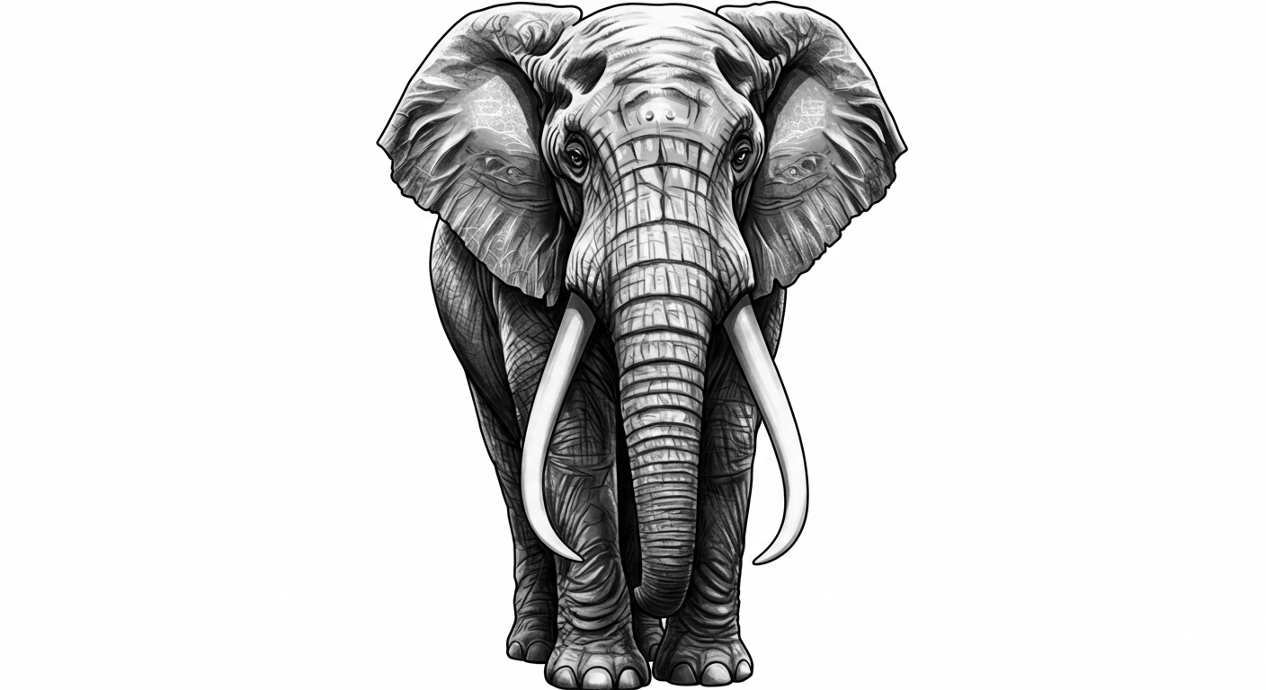 Design Tattoo, black and white A highly detailed, realistic elephant with intricate skin textures, expressive eyes, and strong tusks, symbolizing wisdom and strength (3)