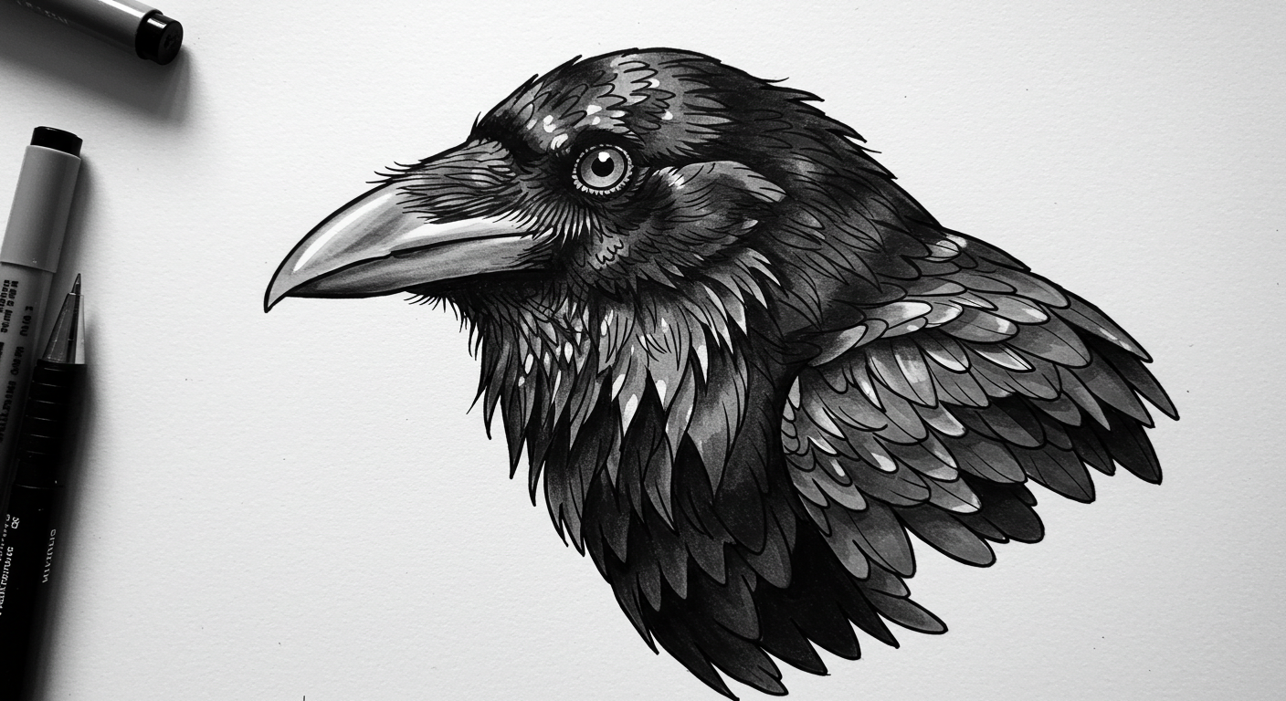 Design Tattoo, black and white A highly detailed, realistic raven with intricate feather textures, sharp eyes, and a powerful stance, symbolizing wisdom and mystery (1)