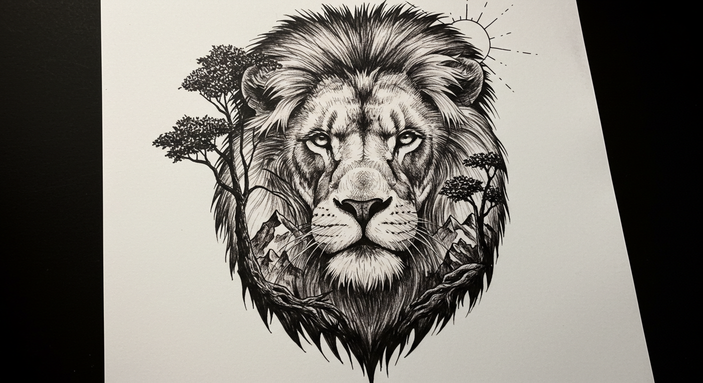 Design Tattoo, black and white A lion’s face surrounded by trees, mountains, and the sun, merging the king of the jungle with the beauty of nature (3)