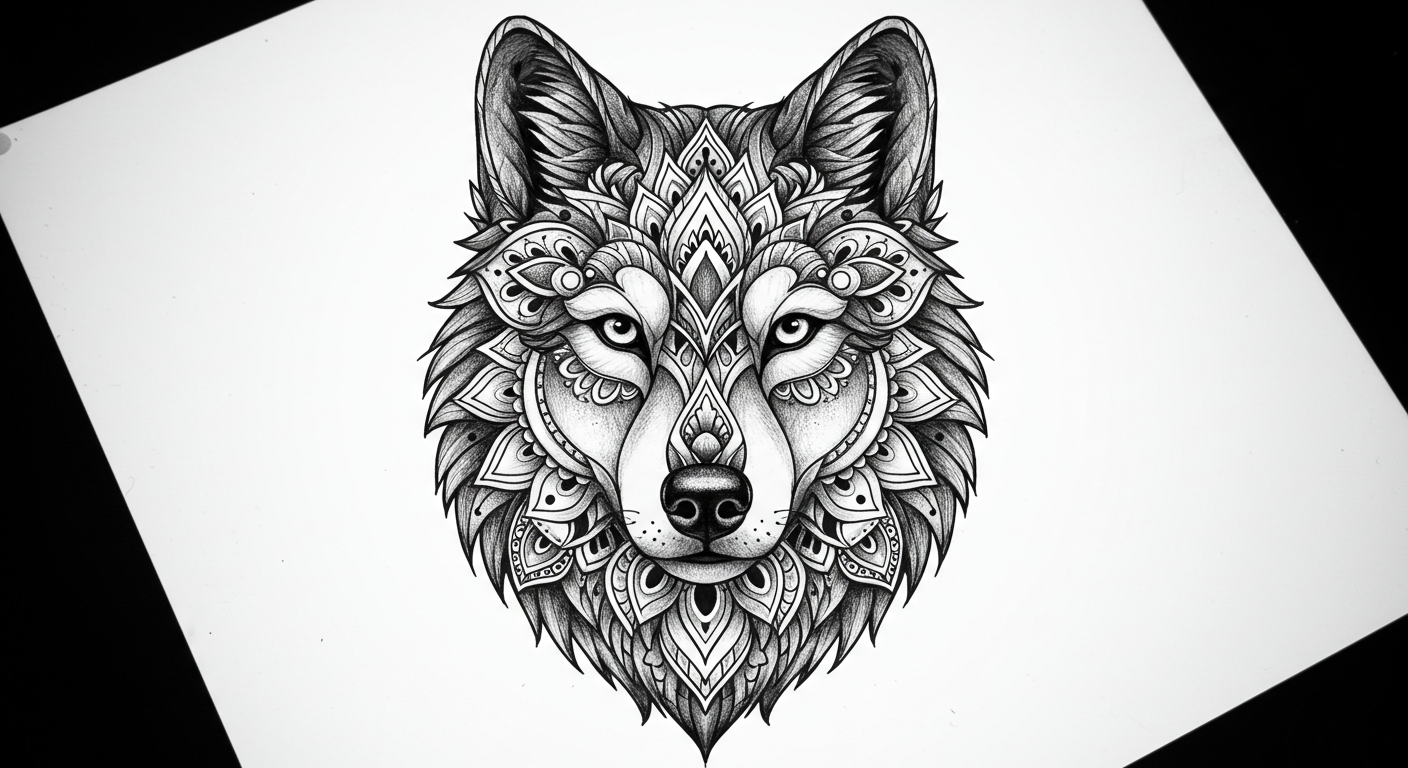 Tattoo design , black and white, A wolf head intricately decorated with mandala patterns, showcasing perfect symmetry and detailed fine lines (3)